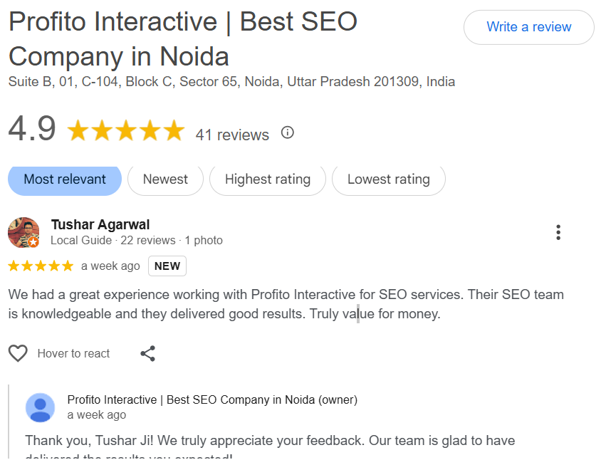 reviews screenshot of profito interactive which is best seo company in noida