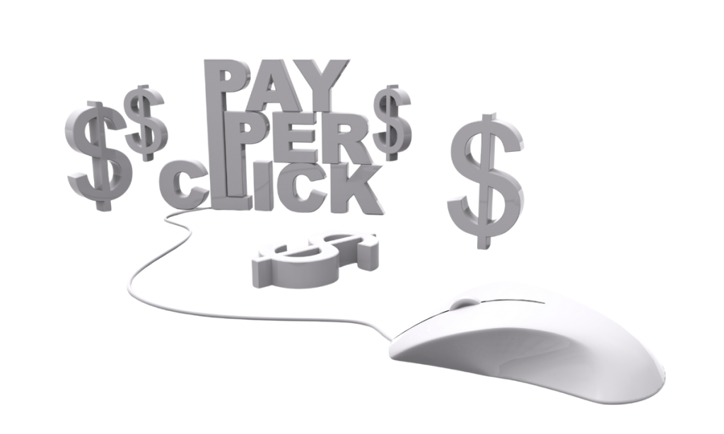 3D text 'Pay Per Click' with dollar symbols and a computer mouse connected by a cord, representing online advertising and PPC marketing.